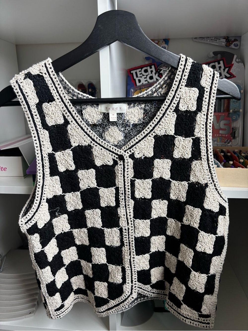 Adiva Black & Cream Crochet Checkerboard Vest